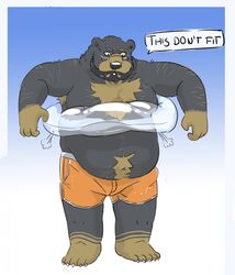  2018 anthro bear belly bottomwear bowrb_(character) clothing english_text eyewear glasses hi_res humanoid_hands male mammal moobs navel overweight overweight_anthro overweight_male shorts simple_background solo spazz_bear text 