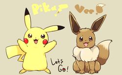  :d all_fours arms_up blush_stickers brown_eyes commentary_request copyright_name eevee english_text full_body happy mizuto_(o96ap) no_humans open_mouth pikachu pokemon pokemon_(creature) pokemon_lgpe simple_background smile standing 