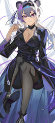  absurdres animal_ears arknights black_choker black_dress black_footwear black_hairband black_pantyhose breasts choker cleavage commentary_request dress female grey_hair hair_between_eyes hairband hand_up high_heels highres large_breasts lin_(arknights) long_hair looking_at_viewer mouse_ears pantyhose purple_eyes solo soranoki 