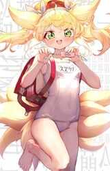  ahoge alternate_costume alternate_hairstyle animal_ear_fluff animal_ears arknights backpack bag bag_charm blonde_hair blush character_name charm_(object) chinese_commentary commentary_request crime_prevention_buzzer crime_prevention_buzzer_threat eason870408 female flat_chest foot_out_of_frame fox_ears fox_girl fox_tail green_eyes hair_ribbon hands_up highres holding kitsune kyuubi looking_at_viewer medium_hair multiple_tails one-piece_swimsuit open_mouth red_bag ribbon school_swimsuit sidelocks smile solo suzuran_(arknights) swimsuit tail teeth upper_teeth_only white_background white_one-piece_swimsuit white_ribbon 