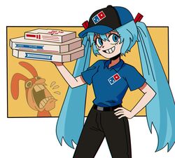  aqua_hair baseball_cap belt black_eyes black_pants blue_eyes box commentary domino&#039;s_pizza employee_uniform english_commentary fast_food fast_food_uniform female grin hand_on_own_hip hat hatsune_miku holding holding_box long_hair looking_at_viewer marreeps open_mouth pants pizza_box short_sleeves smile teeth the_noid twintails uniform very_long_hair vocaloid 