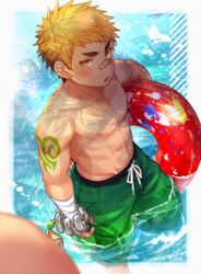  1boy bandaid bandaid_on_face bandaid_on_nose beitemian blonde_hair blush brown_hair collaboration cover gozu_farm green_eyes innertube looking_at_viewer male_focus male_swimwear multicolored_hair navel nipples ooki_ikutoshi outdoors pectorals pov short_hair solo swim_ring swim_trunks tokyo_afterschool_summoners toned toned_male topless_male two-tone_hair yellow_eyes 