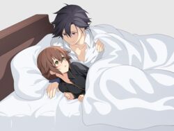  1boy bed black_shirt blue_bow blue_hair blush bow brown_hair commentary eiyuu_densetsu female green_eyes hairbow hakuleg lying on_side pillow rean_schwarzer sen_no_kiseki sen_no_kiseki_iii shirt short_hair simple_background smile straight towa_herschel under_covers white_shirt 