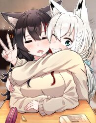  ! !! 2girls ? ?? absurdres admiralkukichi alternate_costume animal_ear_fluff animal_ears beige_sweater black_hair blue_ribbon blurry blurry_background blush bow braid closed_mouth commentary_request desk fox_ears fox_girl green_eyes grin hair_between_eyes hair_ribbon hairbow highres hololive hug indoors long_hair looking_at_viewer multicolored_hair multiple_girls one_eye_closed ookami_mio open_mouth red_hair ribbon school_desk shirakami_fubuki sidelocks single_braid sitting smile streaked_hair virtual_youtuber w white_hair wolf_ears wolf_girl 