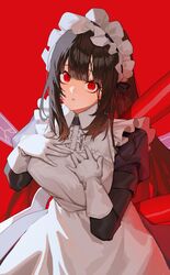  absurdres apron blunt_bangs breasts brown_hair female frilled_apron frills gloves hands_on_own_chest highres last_origin long_hair looking_at_viewer maid maid_apron maid_headdress red_background red_eyes sanpaku scissors_lise simple_background solo tunamayo_(dsasd751) white_apron white_gloves wide-eyed yandere 