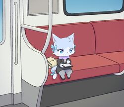  2020 accessory anthro blue_body blue_eyes blue_fur bored bottomwear cellphone chibi clothed clothing digital_media_(artwork) domestic_cat dress_shirt dress_shoes electronics felid feline felis female footwear fur handbag hi_res holding_object inside_train kemono legwear mammal pantyhose phone public public_transportation pyritie ribbons semi-anthro shirt skirt smartphone solo suit topwear train vehicle 