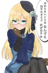  atsumisu bad_id bad_pixiv_id beret black_hat black_pantyhose black_ribbon blonde_hair blue_dress blue_eyes blue_flower blue_rose blush brown_gloves commentary_request dress fate/grand_order fate_(series) feet_out_of_frame female flower fur-trimmed_sleeves fur_trim glasses gloves grin hair_flower hair_ornament hand_up hat long_hair looking_at_viewer lord_el-melloi_ii_case_files pantyhose reines_el-melloi_archisorte ribbon rose semi-rimless_eyewear simple_background sitting smile solo tilted_headwear translated under-rim_eyewear very_long_hair white_background 