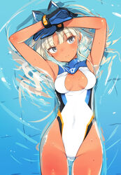  alice_gear_aegis araime_yasuri armpits arms_up blue_gloves breasts cleavage_cutout clothing_cutout competition_swimsuit covered_navel dark-skinned_female dark_skin female gloves grey_eyes groin highleg highleg_swimsuit long_hair lying on_back one-piece_swimsuit outdoors own_hands_together partially_submerged shimada_fumikane smile solo swimsuit thigh_gap thighs water white_hair 