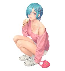  bag blue_eyes blue_hair breasts female food green_hair grey_background hair_ornament hair_over_one_eye highres holding hongcasso ice_cream ice_cream_cone looking_at_viewer off_shoulder parted_lips pink_bag pink_sweater re:zero_kara_hajimeru_isekai_seikatsu rem_(re:zero) ribbon shoes short_hair simple_background single_bare_shoulder skirt smile sneakers socks solo squatting sweater teeth white_footwear white_skirt white_socks x_hair_ornament 