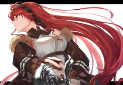  aged_up ahoge black_headband breasts brown_gloves brown_jacket collared_shirt crop_top eris_greyrat female fingerless_gloves floating_hair fur-trimmed_jacket fur_trim gloves hair_between_eyes headband jacket large_breasts long_hair long_sleeves looking_to_the_side mushoku_tensei red_hair saico_isshin sheath sheathed shirt sidelocks solo sword weapon white_shirt 