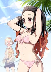  1boy absurdres agatsuma_zenitsu bikini black_hair blonde_hair blood breasts female forehead gotouge_koyoharu_(style) highres innertube kamado_nezuko kimetsu_no_yaiba long_hair male_swimwear medium_breasts mouth_hold multicolored_hair nosebleed open_clothes open_shirt orange_hair pink_bikini pink_eyes pink_ribbon pori_(kmt_pori) ribbon shirt swim_ring swimsuit very_long_hair yellow_shirt 