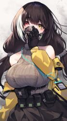  absurdres bare_shoulders belt black_gloves black_skirt breasts brown_hair commentary_request diieru female girls&#039;_frontline gloves hair_between_eyes hand_up heterochromia highres id_card jacket lanyard large_breasts long_hair looking_at_viewer mask multicolored_hair open_clothes open_jacket red_eyes respirator ro635_(girls&#039;_frontline) ro635_(mod3)_(girls&#039;_frontline) skirt sleeveless sleeveless_sweater solo streaked_hair sweater twintails utility_belt white_hair yellow_eyes yellow_jacket 