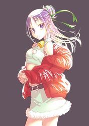  bell belt black_background black_belt christmas coat commentary cowboy_shot crop_top earrings female fur-trimmed_shirt fur_trim futari_wa_precure_splash_star green_ribbons hair_ribbon half_updo interlocked_fingers jewelry jj_(ssspulse) long_hair long_sleeves looking_at_viewer midriff mishou_mai neck_bell off_shoulder open_clothes open_coat own_hands_together parted_lips precure purple_eyes purple_hair red_coat ribbon santa_costume shirt sleeveless sleeveless_shirt solo standing star_(symbol) star_earrings white_santa_costume white_shirt wind 