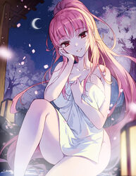  artist_name bare_arms bare_shoulders blunt_bangs blush breasts cherry_blossoms cleavage collarbone commission crescent_moon feet_out_of_frame female hand_on_own_cheek hand_on_own_face knee_up lantern large_breasts long_hair looking_at_viewer moon naked_towel night night_sky onsen original outdoors parted_lips petals pink_hair ponytail red_eyes sitting sky smile solo soriya towel twitter_username very_long_hair 