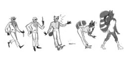  2:1 ambiguous_gender anonymous_artist anthro balaclava clothed clothing debimbofication_meme eyewear footwear glasses hi_res high_heels human knife male mammal mask monochrome procyonid raccoon rawccoon simple_background spy_(team_fortress_2) team_fortress_2 transformation valve walking weapon white_background 