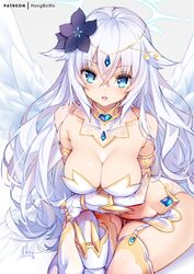  :d bare_shoulders black_flower black_heart_(neptunia) blue_eyes blush breasts cleavage collarbone commentary english_commentary female flower four_goddesses_online:_cyber_dimension_neptune gauntlets grey_background hair_between_eyes hair_flower hair_ornament halo hong_(white_spider) large_breasts leaning_forward long_hair looking_at_viewer navel neptune_(series) open_mouth sitting smile solo very_long_hair white_hair 