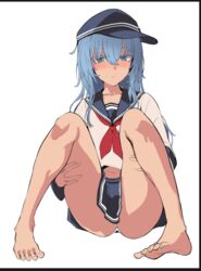  barefoot black_sailor_collar black_skirt blue_hair commentary_request female flat_cap full_body grey_eyes hat hibiki_(kancolle) kantai_collection legs long_hair neckerchief panties pantyshot pleated_skirt sailor_collar school_uniform serafuku simple_background sitting skirt solo underwear white_background white_panties yukiguni_yuu 