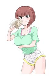  alternate_eye_color arm_under_breasts bakemono_seinen banknote blunt_bangs blunt_ends blush bob_cut breasts brown_hair cleavage closed_mouth collarbone commentary contrapposto cowboy_shot cropped_legs cutoffs female green_shirt grey_eyes hair_between_eyes hand_up holding holding_money inverted_bob large_breasts leaning_forward light_blush looking_at_object money pink_shirt pink_undershirt ranma_1/2 shirt short_hair short_shorts short_sleeves shorts simple_background smile solo t-shirt tendou_nabiki thighs white_background white_shorts 