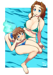  2girls aqua_bikini barefoot bikini blue_background blue_eyes blush breasts brown_hair cleavage collarbone demi-chan_wa_kataritai disembodied_head dullahan looking_at_viewer machi_kyouko machi_saoirse mature_female mother_and_daughter multiple_girls navel short_hair swimsuit tsukudani_(coke-buta) 