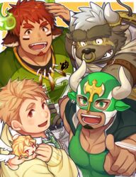  4boys american_football_uniform animal_ears asterius_(housamo) bara blonde_hair blush brown_eyes brown_hair cherub cow_ears cupid_(housamo) eye_black facial_hair feathered_wings fiery_horns forked_eyebrows furry furry_male glowing_horns goatee gozu_farm green_neckwear hand_up horns huge_eyebrows jacket jacket_on_shoulders large_pectorals looking_at_viewer male_focus mask masked minotaur multiple_boys muscular muscular_male nose_piercing pectorals piercing pointing pointing_at_viewer short_hair sideburns sportswear sweatdrop tareme tennouji_shin&#039;ya thick_eyebrows thick_thighs thighs tokyo_afterschool_summoners wakan_tanka wings 