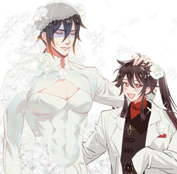  1boy abs absurdres anger_vein black_hair blush bride brown_hair cleavage_cutout clothing_cutout dress english_text falling_feathers feathers female flower flower-shaped_pupils genshin_impact gradient_hair groom hair_between_eyes hand_on_another&#039;s_back hand_on_another&#039;s_head height_difference highres hu_tao_(genshin_impact) jewelry jullian_sama long_hair long_sleeves looking_at_viewer multicolored_hair open_mouth red_eyes red_shirt ring role_reversal rose shirt smile sparkle star_(symbol) symbol-shaped_pupils toned toned_male twintails upper_body wedding wedding_dress wedding_ring white_flower white_rose zhongli_(genshin_impact) 