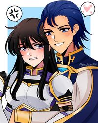  1boy anger_vein angry armor asukaaasuu ayra_(fire_emblem) black_hair blue_hair blush breastplate clenched_teeth female fire_emblem fire_emblem:_genealogy_of_the_holy_war grin heart highres hug hug_from_behind lex_(fire_emblem) long_hair looking_at_another md5_mismatch smile spoken_anger_vein spoken_heart straight teeth 