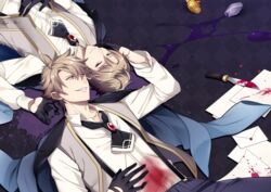  2boys ascot black_ascot black_background black_gloves blonde_hair blood blood_on_clothes blood_on_weapon blood_splatter blue_jacket brooch collared_shirt cowboy_shot dual_persona fate/grand_order fate_(series) gloves green_eyes grey_vest grin hair_between_eyes half_gloves hand_on_another&#039;s_face hand_on_own_stomach jacket jacket_on_shoulders jekyll_and_hyde_(fate) jewelry knife letter lying male_focus miyamakoume multiple_boys on_back open_clothes open_collar open_vest pants paper potion purple_pants red_eyes rotational_symmetry shirt short_hair sideways_glance smile spiked_hair spill suspenders upper_body vest vial weapon white_shirt 