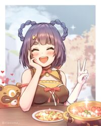  ^_^ ^o^ adeptus&#039;_temptation_(genshin_impact) blue_hair blush braid china_dress chinese_clothes closed_eyes dress female food genshin_impact guoba_(genshin_impact) happy heart highres jueyun_chili_chicken_(genshin_impact) krisyyy panda short_eyebrows short_hair smile sparkle table twin_braids twitter_username v xiangling_(genshin_impact) 