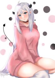  absurdres blue_eyes demon_tail female highres horns indie_virtual_youtuber kynnea looking_at_viewer pointy_ears solo tail thick_thighs thighhighs thighs vei_(vtuber) vei_(vtuber)_(1st_costume) virtual_youtuber white_hair 