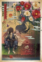  1boy asa_no_ha_(pattern) black_eyes black_hair bug butterfly camellia dororo_(tezuka) female flower grass highres hyakkimaru_(dororo) kuroneko_(instad) leaf long_hair mask mio_(dororo) mountain plant ponytail purple_butterfly red_eyes red_flower sitting spider_lily sword torn_clothes vines weapon white_flower 