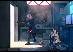  1boy 2girls assault_rifle banana_(girls&#039;_frontline) black_gloves black_hair black_skirt blood breasts colt_9mm_smg computer death desk expressionless fingerless_gloves full_body girls&#039;_frontline gloves gun hair_between_eyes headgear heterochromia highres holding holding_weapon indoors jacket lamp large_breasts light long_hair m4_carbine m4_sopmod_ii m4_sopmod_ii_(girls&#039;_frontline) map megaphone mishima_hiroji monitor multicolored_hair multiple_girls multiple_monitors non-humanoid_robot panties pink_hair red_eyes rifle ro635_(girls&#039;_frontline) robot skirt streaked_hair touching twintails underwear weapon white_hair yellow_eyes 