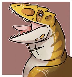  ambiguous_gender brown_body brown_stripes carcharodontosaurid carcharodontosaurus dinosaur extinct feral glistening glistening_eyes imperatorcaesar male_(lore) marcosaurus_(imperatorcaesar) open_mouth orange_body pink_tongue prehistoric_species reptile scalie sharp_teeth simple_background solo striped_neck stripes teeth theropod tongue white_body 