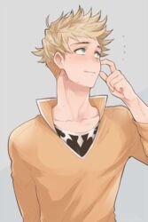  1boy blonde_hair blush closed_mouth embarrassed granblue_fantasy green_eyes gucha_(netsu) hand_up looking_to_the_side male_focus orange_shirt shirt short_hair simple_background solo undercut upper_body vane_(granblue_fantasy) 