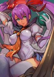  breasts covered_nipples female green_eyes holding hungry_clicker leotard lips long_hair looking_to_the_side medium_breasts mushihime-sama mushihime-sama_futari purple_hair reco skirt solo traditional_media twintails 