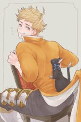  1boy animal ass back bara black_cat black_pants blonde_hair blue_ribbon boots chair feline granblue_fantasy gucha_(netsu) high_collar looking_back male_focus muscular muscular_male on_chair orange_shirt pants ribbon shirt short_hair sitting sitting_backwards smile thick_thighs thighs undercut vane_(granblue_fantasy) 