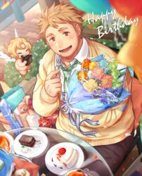  1boy blonde_hair bouquet brown_eyes brown_pants cake cherub cup cupid_(housamo) feathered_wings flower food fork gozu_farm green_necktie happy_birthday looking_at_viewer male_focus necktie pants shirt smile solo strawberry_shortcake tareme tennouji_shin&#039;ya tokyo_afterschool_summoners upper_body white_shirt wings 