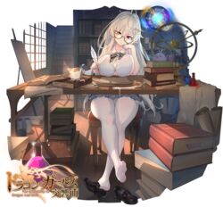  bad_id bad_pixiv_id black_footwear blonde_hair book breasts character_request copyright_name feet female glasses hair_ornament heterochromia highres indoors large_breasts long_hair pantyhose pointy_ears potion quill red_eyes shoes sitting skirt soles solo suerte table the_symphony_of_dragon_and_girls toes unworn_shoes white_pantyhose yellow_eyes 