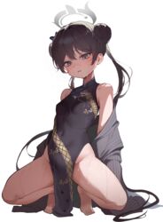  absurdres bare_legs bare_shoulders barefoot black_dress black_hair blue_archive blush breasts butterfly_hair_ornament china_dress chinese_clothes coat commentary covered_navel double_bun dragon_print dress female grey_coat grey_eyes groin hair_bun hair_ornament halo highres kisaki_(blue_archive) long_hair looking_at_viewer no_panties off_shoulder pelvic_curtain pinstripe_pattern print_dress simple_background sleeveless sleeveless_dress small_breasts solo spread_legs squatting striped striped_coat sweat thighs twintails vertical-striped_coat very_long_hair white_background yogu_(user_rxdx2445) 