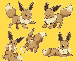  :3 :d ^_^ all_fours brown_eyes closed_eyes commentary_request eevee full_body happy highres lying mizuto_(o96ap) no_humans on_back on_stomach open_mouth pokemon pokemon_(creature) simple_background smile too_many yellow_background 