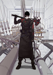  1boy belt black_footwear black_gloves black_hair black_legwear closed_mouth dated eyepatch gloves hammer headgear highres holding holding_hammer holding_weapon indoors male_focus original over_shoulder red_ace scar scar_on_face solo standing tube weapon weapon_over_shoulder 