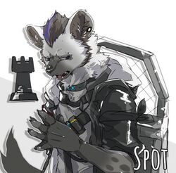  2023 absurd_res anthro ao_gravity arknights bandolier black_body black_fur black_hair blue_hair clothing collar ear_piercing eyebrow_piercing facial_piercing fur grey_body grey_fur hair hi_res hyena hypergryph jacket male mammal markings multicolored_hair piercing riot_shield shield shirt solo spot_(arknights) spots spotted_body spotted_fur spotted_hyena studio_montagne t-shirt topwear two_tone_hair 