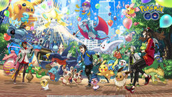  3boys 3girls ambipom backpack bag bagon balloon baseball_cap beldum black_gloves blanche_(pokemon) bonsly brown_hair brown_legwear budew building bush candela_(pokemon) cherrim cherrim_(sunshine) cherubi clenched_hand cloud copyright_name croagunk dark_skin dated day drifblim drifloon eevee fangs female_protagonist_(pokemon_go) fingerless_gloves fire flame-tipped_tail floating_hair flying garchomp gible gloves grotle hand_up hat holding holding_pokemon lapras lickilicky long_hair long_sleeves looking_up male_protagonist_(pokemon_go) meltan mewtwo milotic mime_jr. monferno multiple_boys multiple_girls official_art open_mouth oshawott outdoors pants pantyhose pikachu pokemon pokemon_(creature) pokemon_go prinplup running salamence shinx shoes sidelocks sky sleeves_past_elbows smile snivy spark_(pokemon) spinda taillow team_rocket_grunt teeth tepig togekiss tongue tree visor_cap watermark willow_(pokemon) 