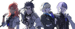  2boys 2girls balthus_von_albrecht black_hair blonde_hair blue_eyes blue_hairband brown_eyes cape closed_mouth colored_inner_hair commentary_request constance_von_nuvelle crop_top dark_skin drill_hair earrings fire_emblem fire_emblem:_three_houses garreg_mach_monastery_uniform grin hairband hand_fan hapi_(fire_emblem) highres holding jewelry long_sleeves medium_hair multicolored_hair multiple_boys multiple_girls photoshop_(medium) purple_eyes purple_hair red_eyes red_hair short_hair simple_background smile twin_drills two-tone_hair uniform upper_body white_background white_cape yarr yuri_leclerc 