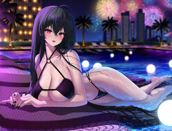  ahoge azur_lane bangs bare_shoulders bikini black_hair black_nails blush breasts building cleavage collarbone crossed_bangs female fireworks hair_between_eyes highres huge_breasts kohanayuki large_breasts long_hair looking_at_viewer o-ring o-ring_bikini open_mouth pool poolside red_eyes smile solo swimsuit taihou_(azur_lane) tree very_long_hair wet 