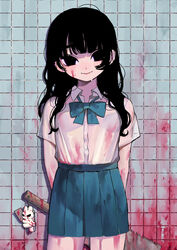  absurdres aqua_neckwear aqua_skirt arms_up black_eyes black_hair blood blood_on_face bloody_clothes bloody_weapon bow bunny charm_(object) collared_shirt ear_piercing female highres kirara_yakubou medium_hair mole mole_under_eye original piercing saw school_uniform see-through shirt skirt smile sweatdrop tile_wall tiles weapon white_shirt 