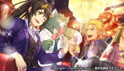  2boys blonde_hair cat_boy copyright_name crossdressing crossed_legs cup drinking_glass fangs female formal gozu_farm green_fur horns ibaraki_(housamo) multiple_boys official_art one_eye_closed pectorals purple_suit sparkle suit suzuka_(housamo) sweatdrop tokyo_afterschool_summoners upper_body 