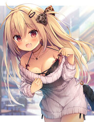  :d animal_print bad_id bad_pixiv_id bare_shoulders black_bra black_panties blonde_hair blurry blurry_background blush bow bra breasts collarbone commentary_request depth_of_field dress earrings female hair_between_eyes hair_ornament hairbow hairclip highres hoop_earrings izumiyuhina jewelry leopard_print long_hair necklace oerba_yun_fang off-shoulder_sweater off_shoulder original panties print_bow red_bow red_eyes side-tie_panties smile solo sweater sweater_dress tan underwear very_long_hair white_sweater 