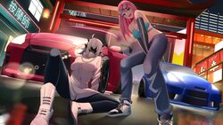  2girls blue_car blue_eyes car chains commentary demon-chan_(demondice) demondice denim detached_sleeves english_commentary hair_over_eyes highres jacket jeans landacdeus motor_vehicle multiple_girls nissan nissan_fairlady_z nissan_gt-r open_mouth pants pink_hair red_car smile sports_car spread_legs teeth upper_teeth_only white_footwear white_hair white_jacket yfu yoga_pants 