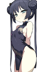  bare_shoulders black_dress black_gloves black_hair blue_archive blue_eyes braid braided_bun breasts butterfly_hair_ornament china_dress chinese_clothes double_bun dragon_print dress female gloves grey_eyes hair_bun hair_ornament halo highres kisaki_(blue_archive) long_hair looking_at_viewer pelvic_curtain print_dress shimejinameko short_dress side_slit sleeveless sleeveless_dress small_breasts solo twintails white_background 