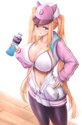  adella_(some_some_convenience_store) animal_hat bare_shoulders baseball_cap bikini bikini_top_only blonde_hair blush bottle breasts breath cleavage commentary_request curvy drink female gunbam_sonyeon hair_ornament hair_scrunchie hand_on_own_hip hat highres holding holding_bottle hood hooded_jacket huge_breasts jacket korean_commentary long_hair looking_at_viewer md5_mismatch multicolored_hair navel nose_blush open_clothes open_jacket open_mouth pantyhose powerade purple_eyes resolution_mismatch scrunchie solo some_some_convenience_store source_larger sports_drink standing star_(symbol) star_hair_ornament stomach streaked_hair sweat swimsuit talesshop unzipped very_long_hair white_bikini wooden_floor zipper zipper_pull_tab 